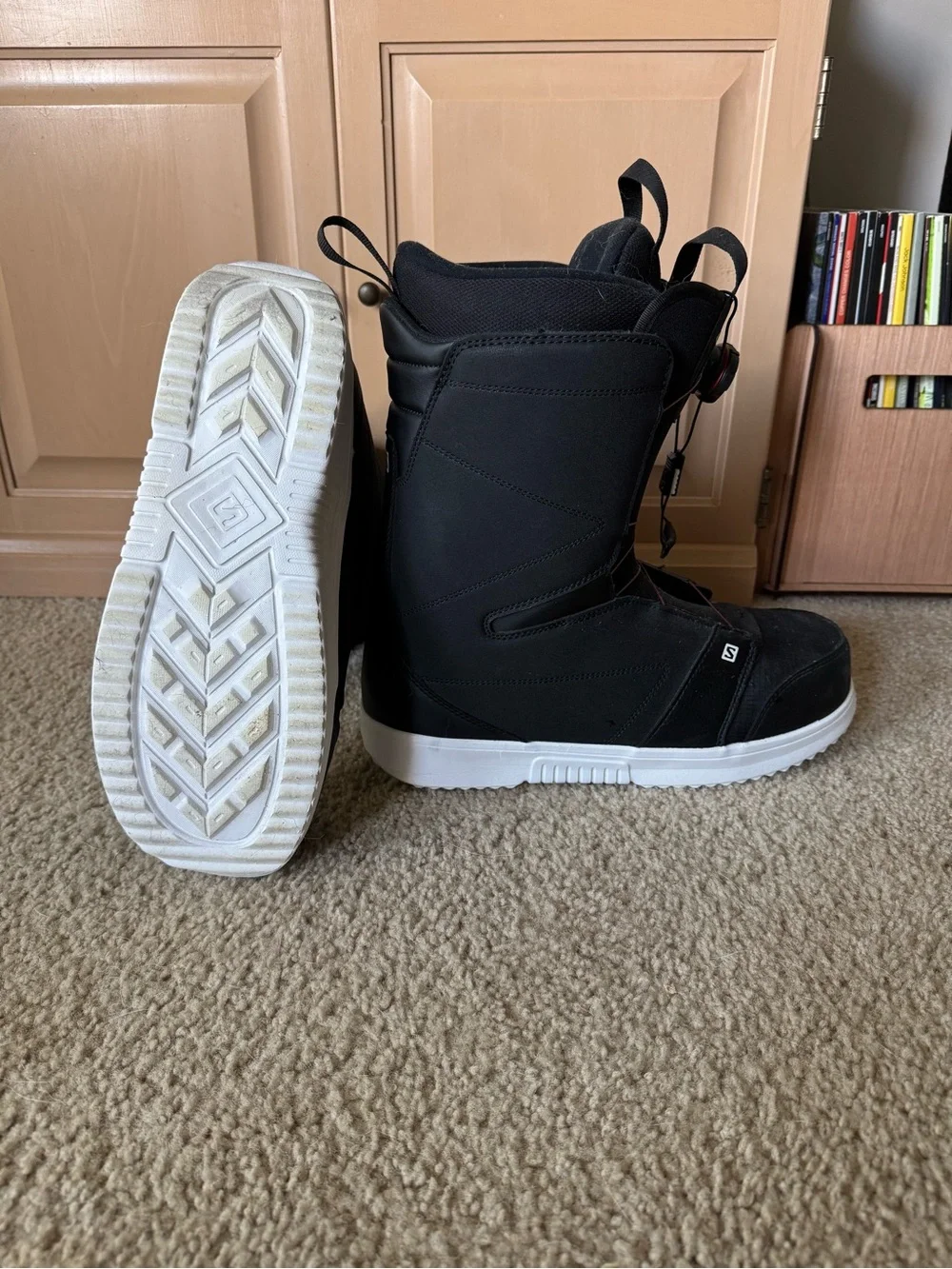 Salomon Faction Black Snowboard Boots with White Soles and Red Lacing Accents